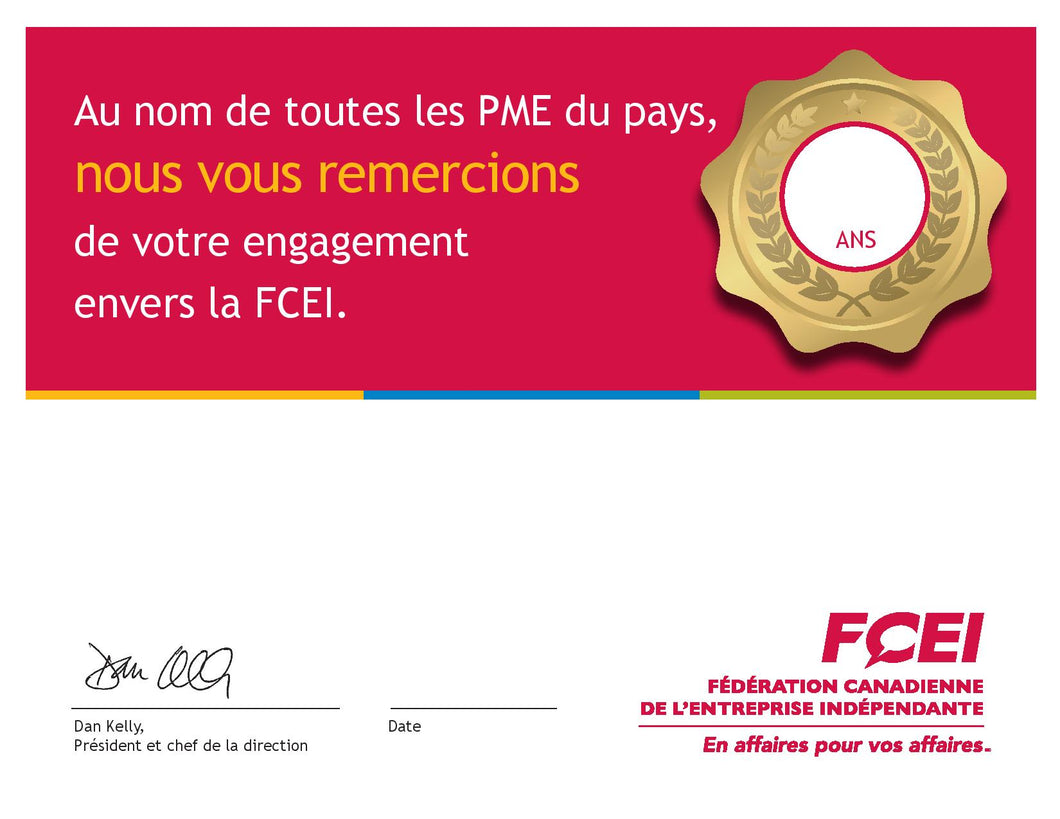 MODÈLE DE CERTIFICAT POUR LES MEMBRES - 1 AN ET PLUS